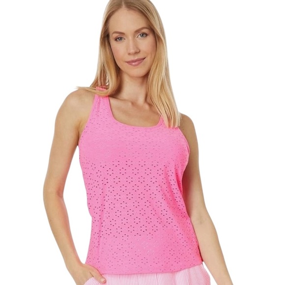 Lilly Pulitzer - NWT Asana Bra Tank Top Pink Eyelet Racerback Shelf Bra Sz L - Picture 1 of 9